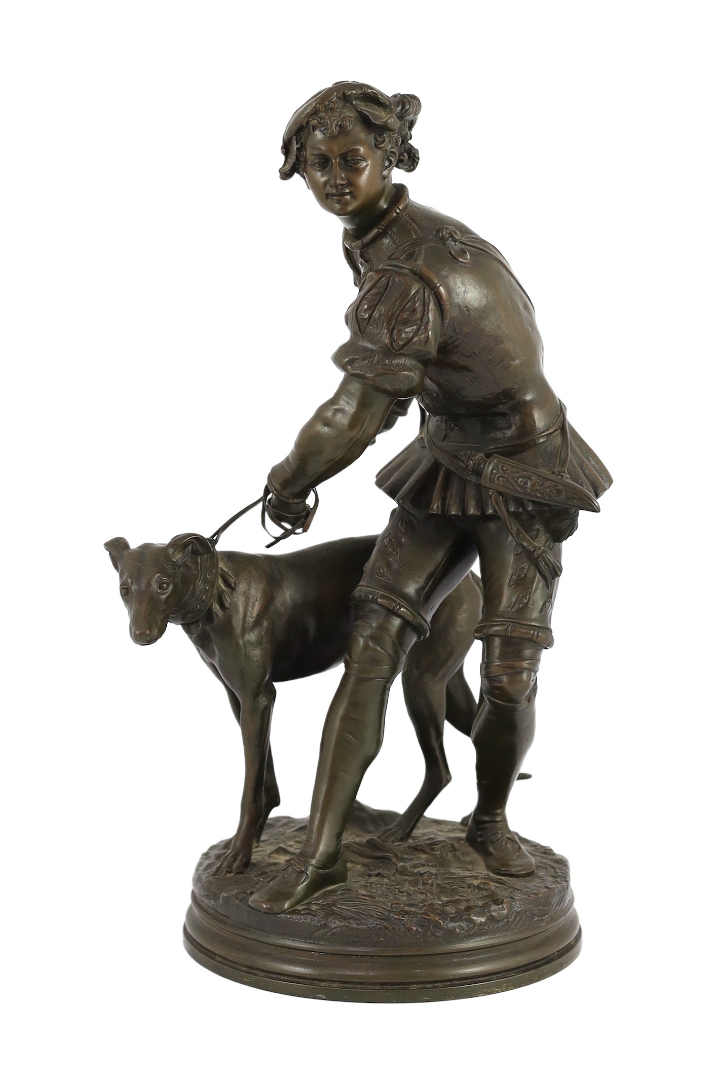 Adrien Etienne Gaudez (French, 1845-1902). A bronze group of a huntsman and hound, height 39cm